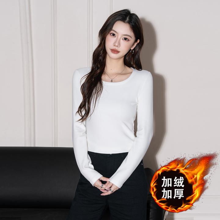 白色圆领加绒加厚打底衫女秋冬内搭2025新款低领修身百搭保暖上衣