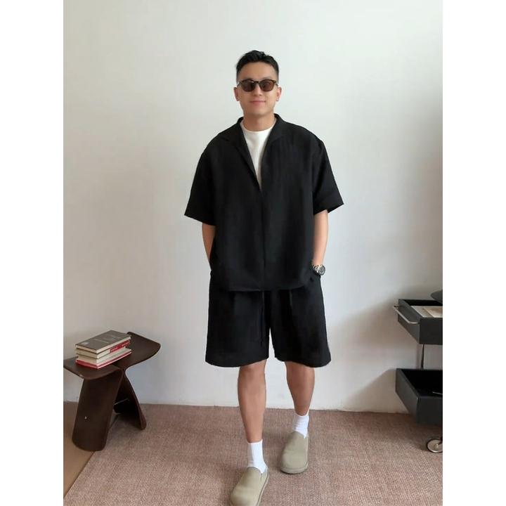 黑色假两件冰丝套装男夏薄款老钱风莱赛尔亚麻短裤短袖松弛感穿搭