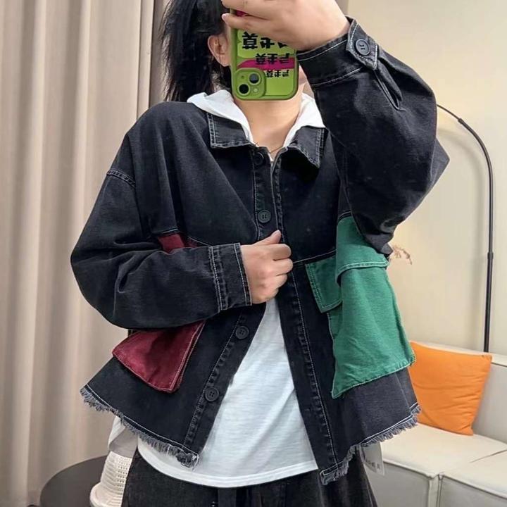 2024年秋季新品文艺复古毛边大口袋做旧牛仔外套女士长袖宽松上衣