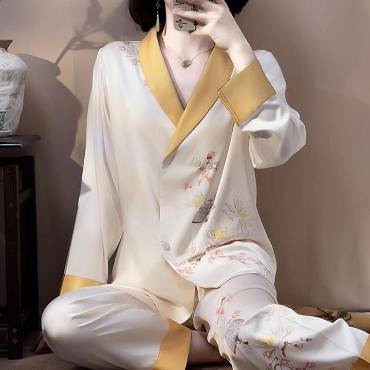 维多利亚轻奢品质～！复古国风印花睡衣女士领气质家居服中年套装