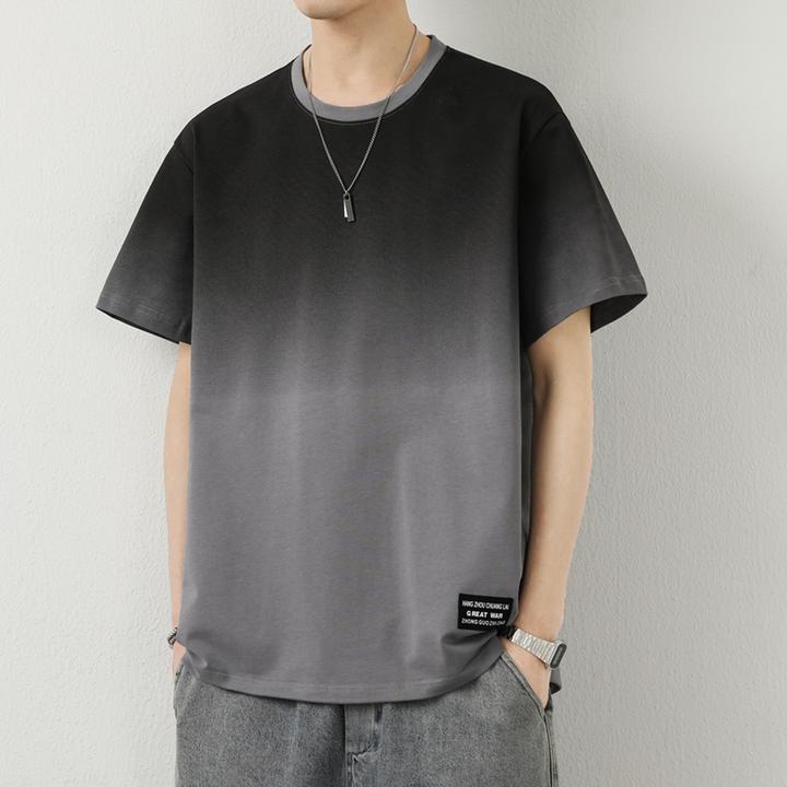 新款渐变色夏季学生宽松服T恤潮流潮牌圆领五分袖纯棉短袖半袖