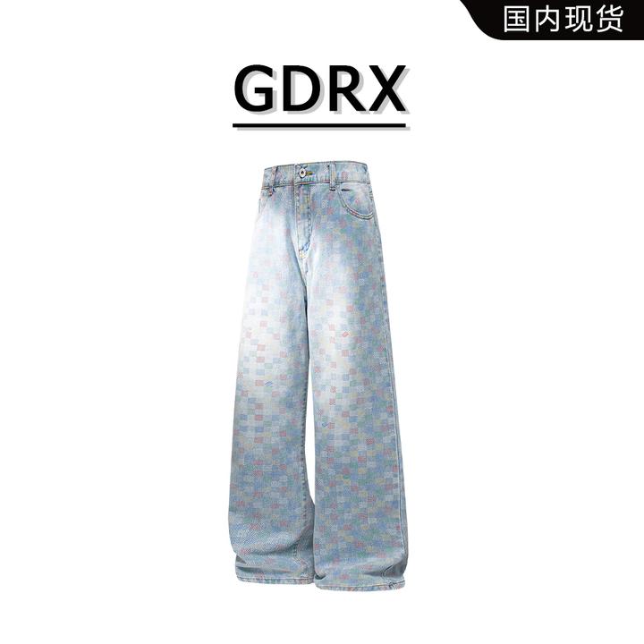 GDRX美式潮流百搭牛仔裤男春季格纹撞色直筒裤轻奢痞帅休闲男裤