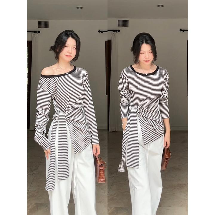 郭九九呢 棉质条纹两穿显瘦长袖t恤简约百搭直筒长裤 G925Z12240