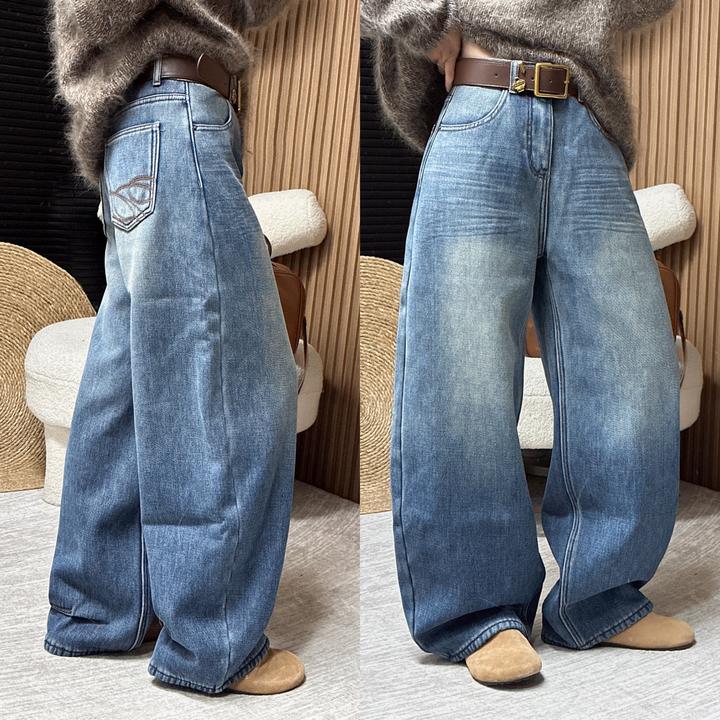 欧洲站冬季配腰带窄版加厚一体绒水洗复古后褶皱百搭牛仔长裤裤子