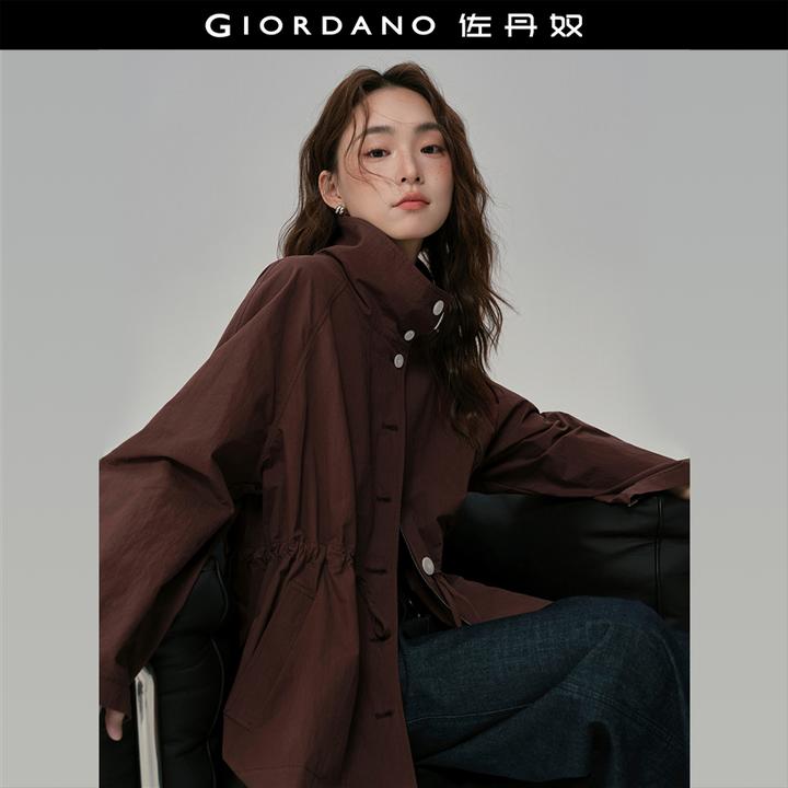 佐丹奴外套女装立领可收腰中长款插肩梭织风衣外套 18375909