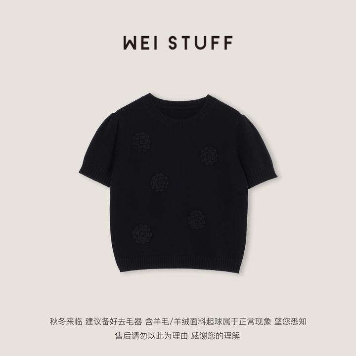 WEI STUFF“莫奈花园”黑色100羊毛3D钩花针织圆领短袖毛衣 10615 .