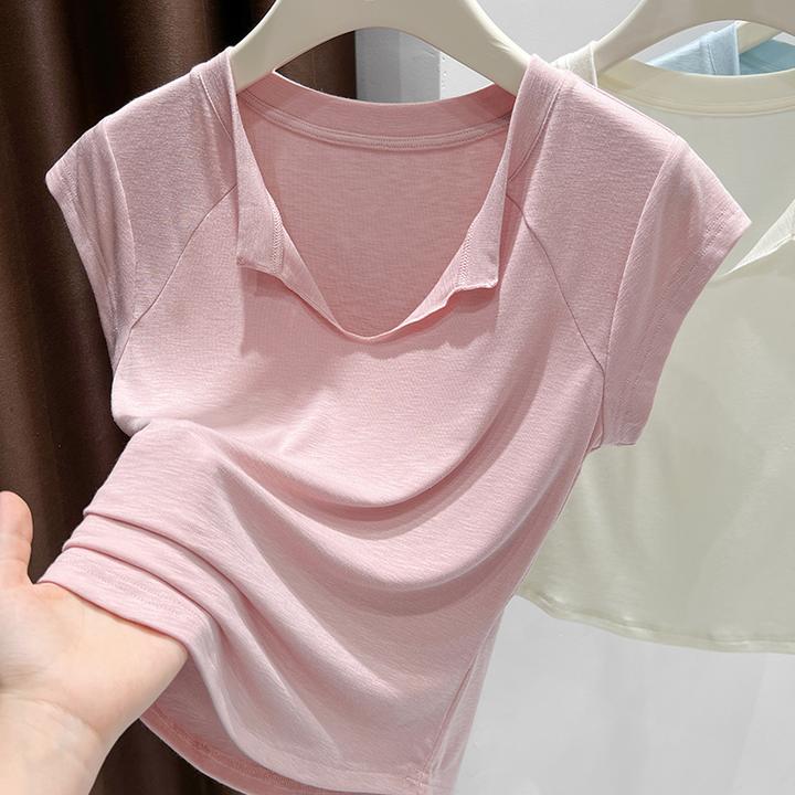 粉色V领减龄短袖T恤女2025夏季新款气质翻领修身显瘦洋气百搭上衣