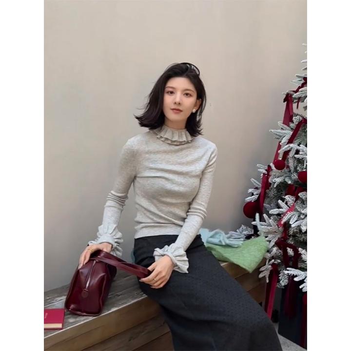 韩系短款灰色木耳边内搭针织衫女春秋季修身小香风打底高级感上衣