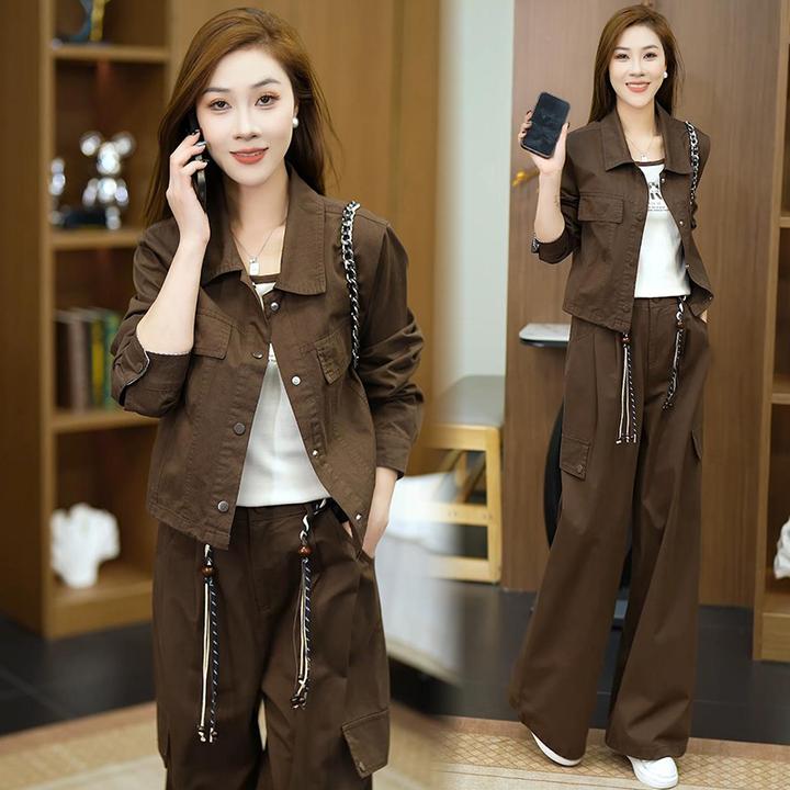 时尚休闲套装女秋季新款洋气显瘦格子拼接短外套背心工装裤三件套