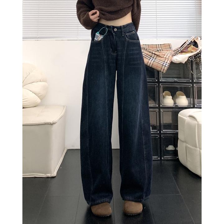 设计感深蓝色刺绣弯刀牛仔裤女秋冬新款宽松显瘦百搭拖地直筒长裤