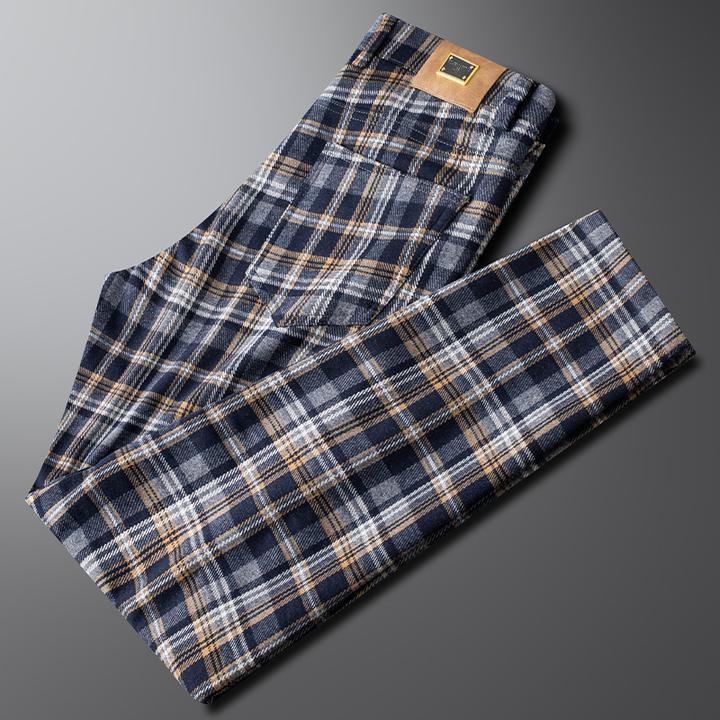 轻奢秋冬厚款磨毛格子休闲裤男修身2025新款保暖毛呢直筒商务长裤