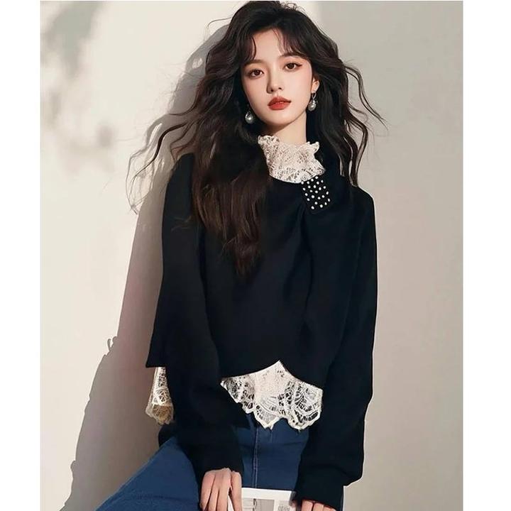 黑色蕾丝拼接假两件卫衣女2025春韩系新款慵懒风洋气个性气质上衣