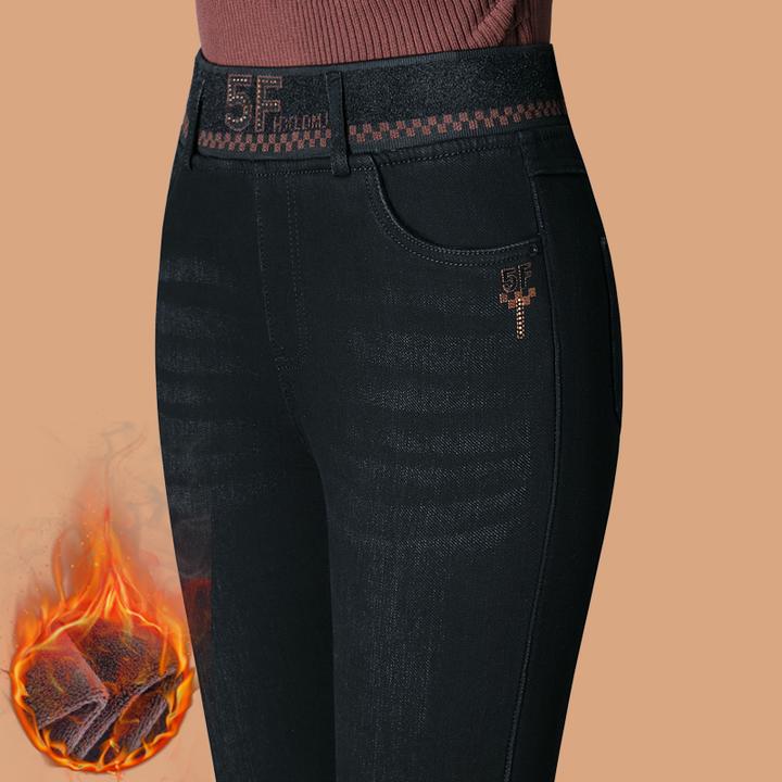 加绒牛仔裤女秋冬高腰外穿加厚修身小脚松紧腰冬季中老年妈妈裤子