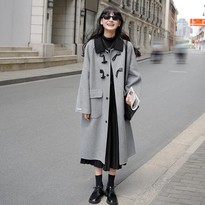 秋冬中长款牛角扣双面外套女小个子时尚港风呢子大衣ins潮