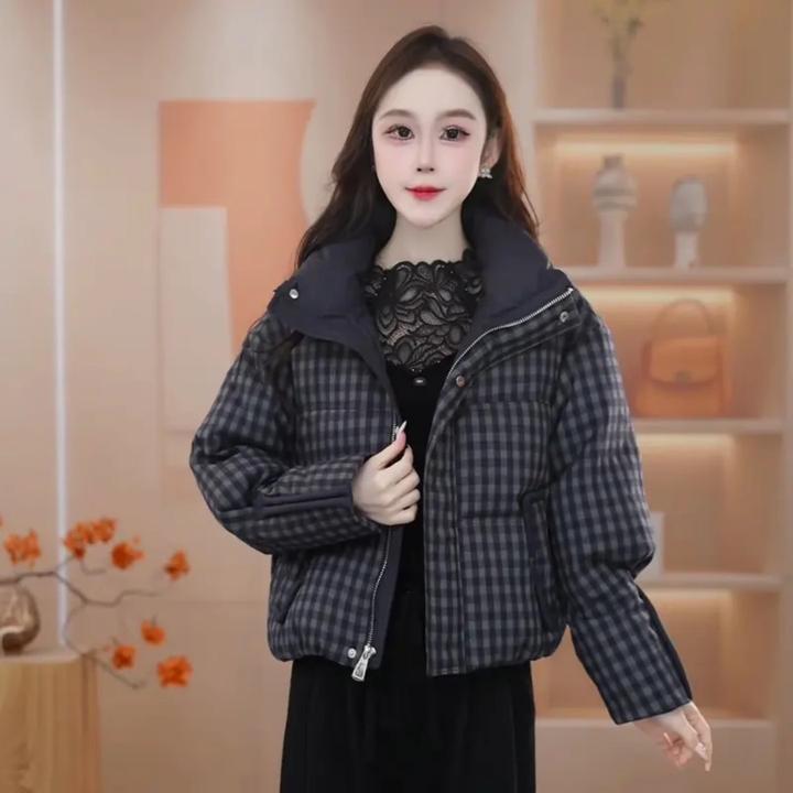 2025冬季新款气质时尚百搭保暖加厚短款格子羽绒服格纹短款显瘦
