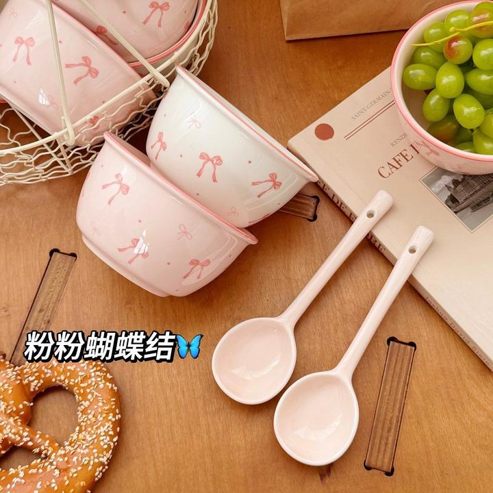 【2碗2勺】粉蝴蝶陶瓷碗勺釉下彩ins餐具饭碗甜品个人专用碗螺蛳粉