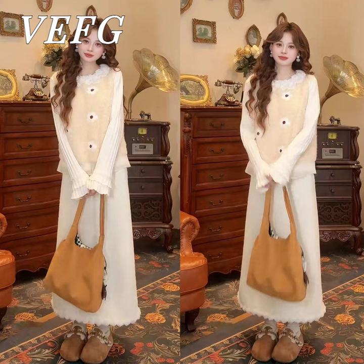 VEFG秋冬搭配一整套韩系穿搭温柔复古针织打底衫叠穿马甲半身裙三