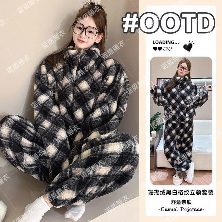 加绒加厚睡衣套装2025冬季新款保暖睡衣女格纹可外穿家居服套装
