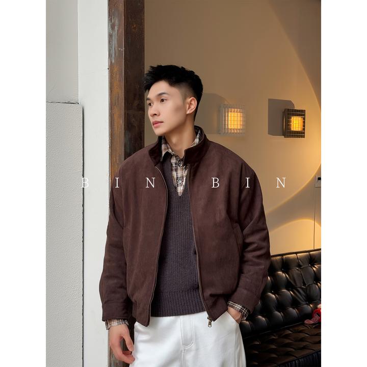 美式复古「麂皮绒面肌理感」冬季内里兔毛加厚立领哈灵顿男夹克外套