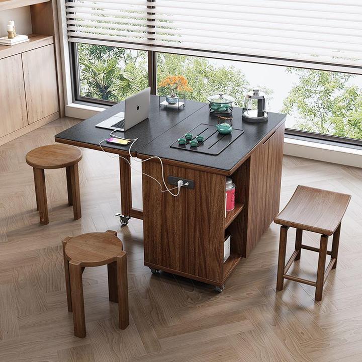 阳台实木茶桌椅可移动小户型可折叠茶台家用茶车轻奢岩板智能茶几