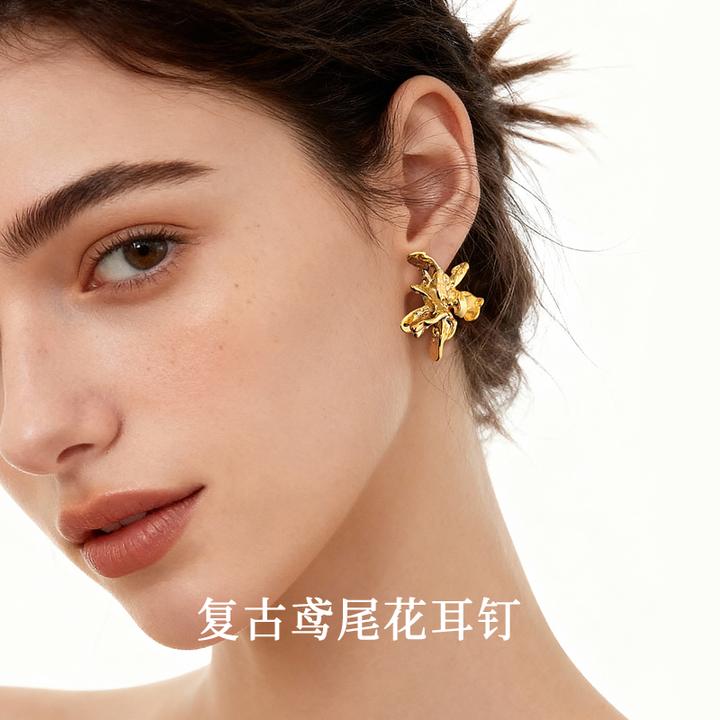 925银耳饰 鸢尾花耳钉2025新款爆款高级感轻奢气质耳环金色饰品女