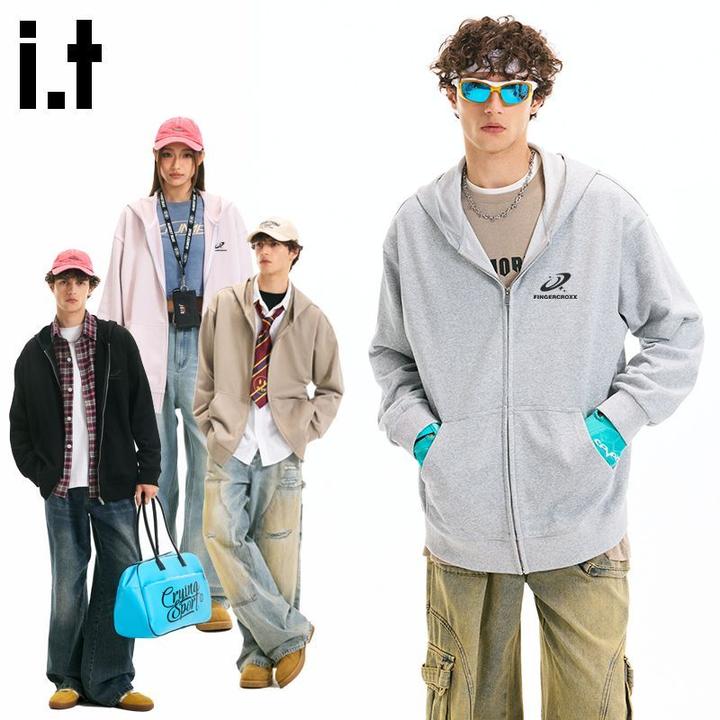 it FINGERCROXX麻灰色卫衣男秋季美式潮流重磅情侣连帽衫宽松上衣