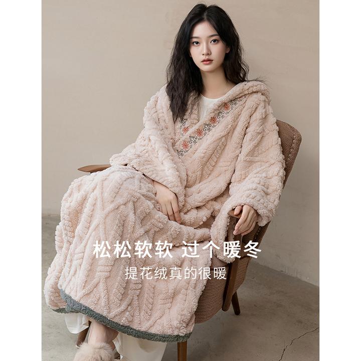 睡衣女冬季加厚加绒少女长款睡袍高级感珊瑚绒连帽浴袍保暖家居服