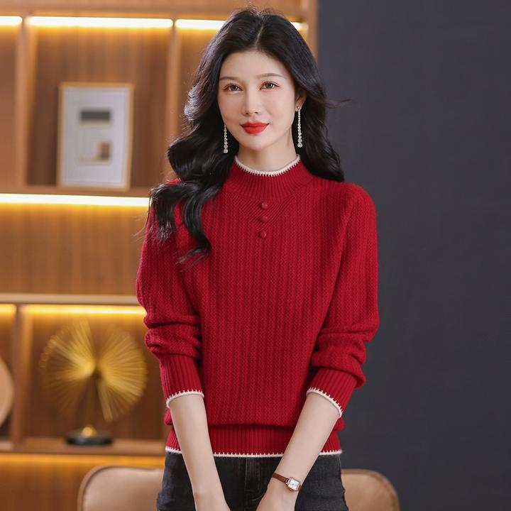 半高领针织衫厚款毛衣女装秋冬洋气中国风女式百搭打底衫保暖上衣