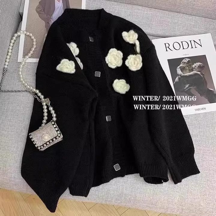 特大码300斤秋冬季花卉毛衣外套宽松高级感黑色百搭休闲针织衫女