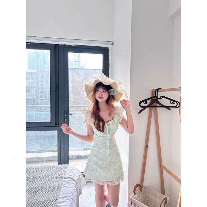 H2AN1 STUDIO夏日甜美薄荷绿小飞袖收腰蓬蓬吊带碎花连衣裙女夏季