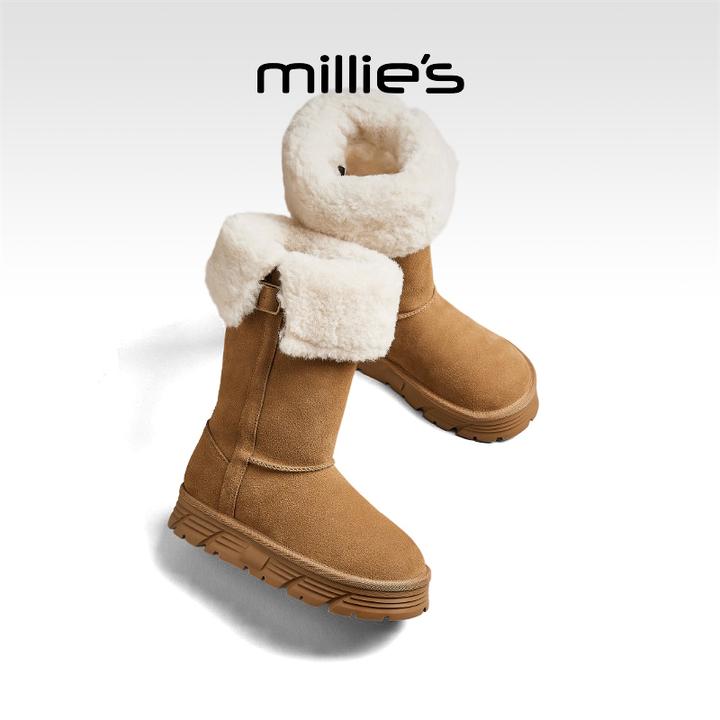 millies妙丽圆头厚底加绒毛毛雪地靴2025冬季新款不过膝时尚棉靴