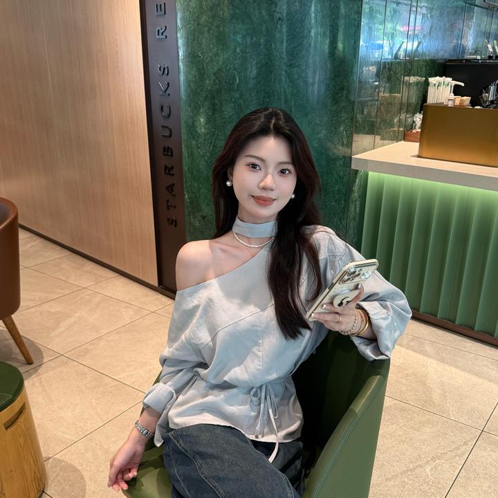 【月光宝匣】韩系斜肩飘带气质衬衣系带收腰设计感休闲长袖衬衫上衣