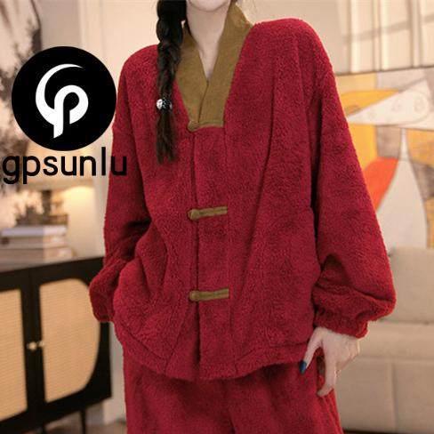 日本小众GP新中式开衫红色睡衣女秋冬保暖珊瑚绒家居服套装本命年