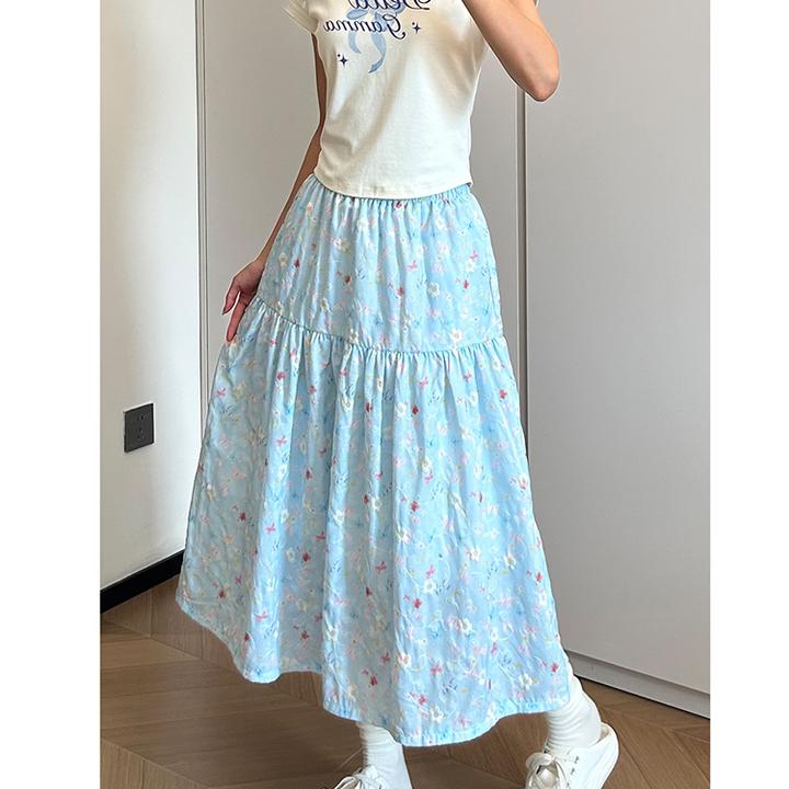 大码胖mm泰德兰碎花半身裙女夏季刺绣压褶大摆a字蛋糕裙中长裙子