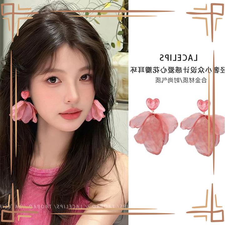铜合金锆石耳饰 森系甜美清新度假风氛围感仙雪纺花朵耳环女时尚