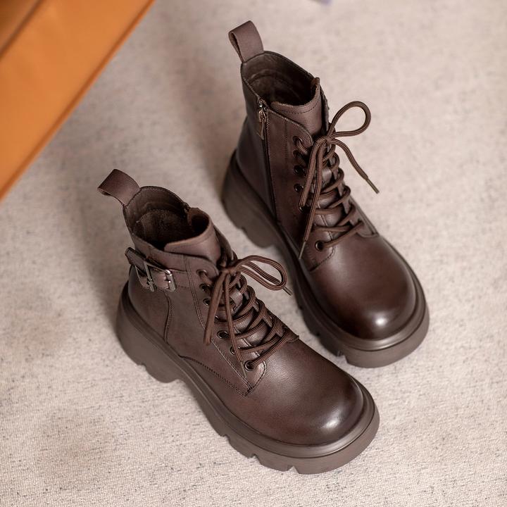 厚底短靴女2023秋冬新款真皮圆头系带马丁靴复古松糕底休闲单靴子