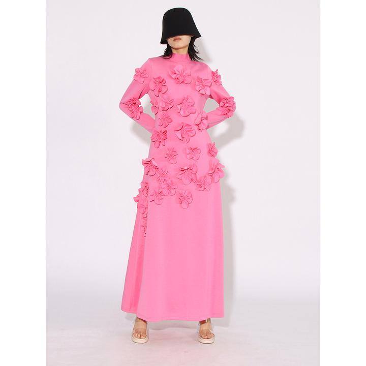 2025欧美法式优雅长裙秋季新款时尚气质立领系带拼接花朵连衣裙女