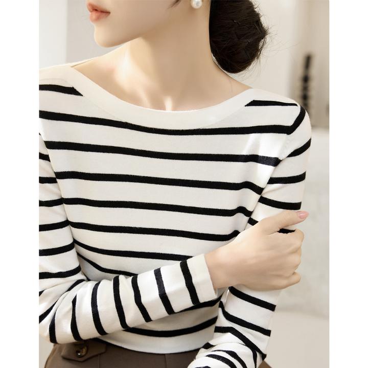 春秋薄款一字领包芯纱百搭针织衫时尚高级感修身条纹打底上衣女装