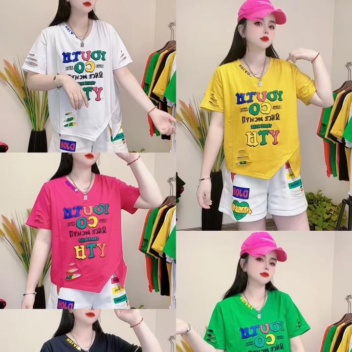 8668夏季新款时尚破洞宽松圆领字母印花下摆开衩个性潮流女T恤