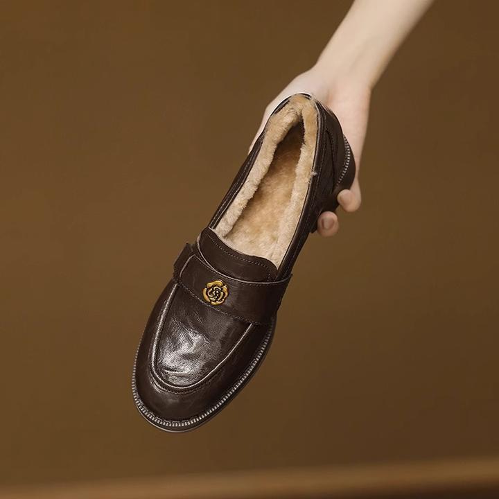 2025冬季新款软羊皮棕色小皮鞋棉鞋女英伦风毛毛鞋保暖乐福鞋单鞋