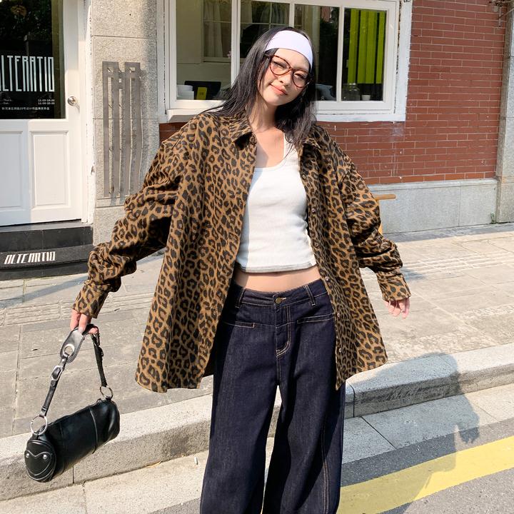 2331豹纹牛仔外套女2025秋季新款宽松豹纹裤子女款爆款2025新款