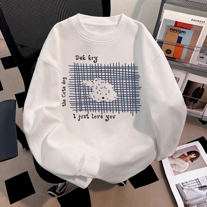 Dekkry韩系可爱网格小狗印花秋冬纯棉t恤男女款宽松圆领长袖上衣