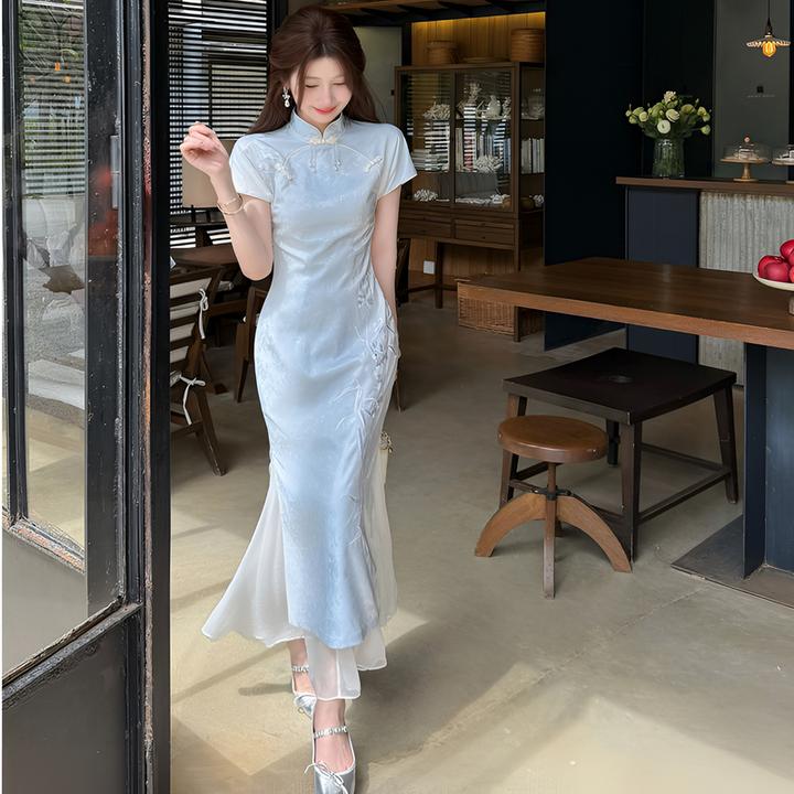 2025新款【仙仙竹韵】新中式晕染蓝提花收腰刺绣修身显瘦改良旗袍裙