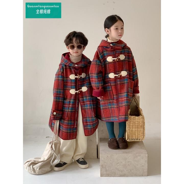 全棉时代男女童秋冬格子毛呢外套2025新款韩版儿童宽松连帽大衣加