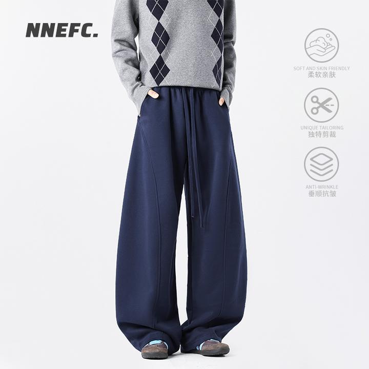 NNEFC藏青色美式高街加绒加厚卫裤男女秋冬季潮牌宽松休闲阔腿裤