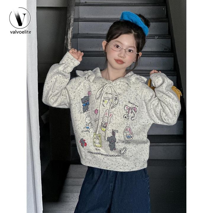 VALVOELITE女童毛衣秋装2025新款卡通套头毛衫大童连帽套头针织衫