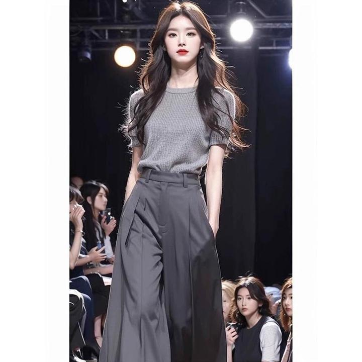 2025夏季新款韩版灰色针织短袖T恤西装阔腿裤高级感小众两件套女