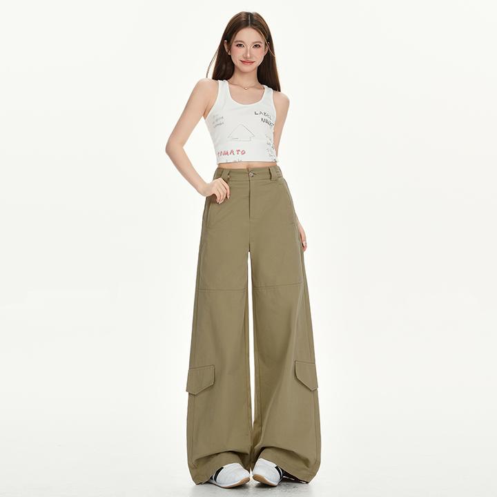 2025秋季卡其色美式街头宽松阔腿裤女秋季慵懒风工装裤高腰休闲弯