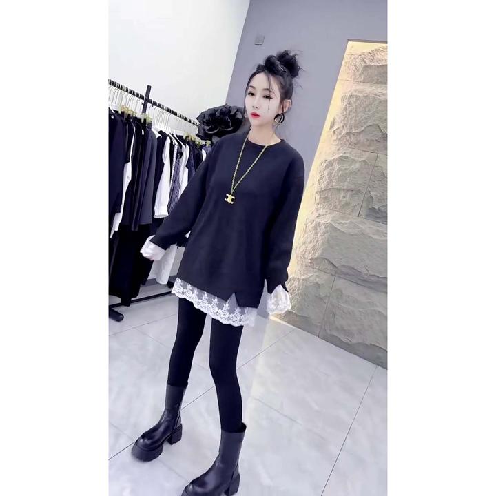 欧货新款休闲宽松大版下摆拼接蕾丝花边长袖T恤