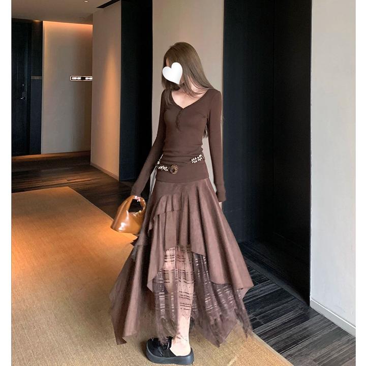 【现货】2025秋季新款不规则荷叶边半身裙女高腰显瘦a字长裙子